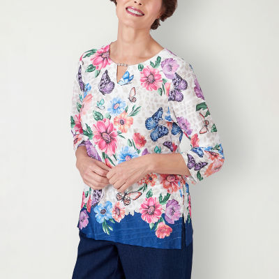 Alfred Dunner Full Bloom Womens Keyhole Neck 3/4 Sleeve T-Shirt