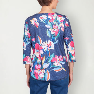 Alfred Dunner Full Bloom Womens V Neck 3/4 Sleeve T-Shirt