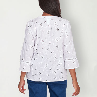 Alfred Dunner Full Bloom Womens 3/4 Sleeve Regular Fit Button-Down Shirt
