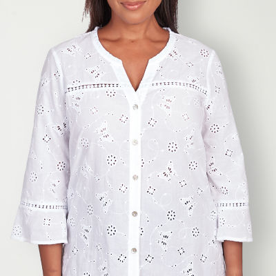 Alfred Dunner Full Bloom Womens 3/4 Sleeve Regular Fit Button-Down Shirt