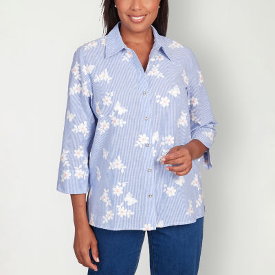 Alfred Dunner Full Bloom Womens 3/4 Sleeve Embroidered Regular Fit Button-Down Shirt