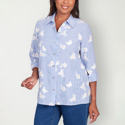 Alfred Dunner Full Bloom Womens 3/4 Sleeve Embroidered Regular Fit Button-Down Shirt