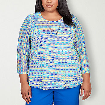 Alfred Dunner Tradewinds Womens Plus Crew Neck 3/4 Sleeve T-Shirt, Color:  Teal Multi - JCPenney