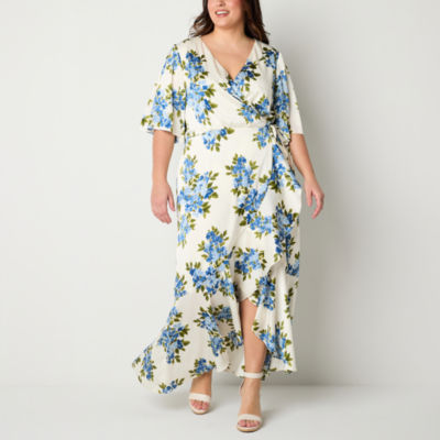 Premier Amour Plus Satin Short Sleeve Floral Maxi Dress