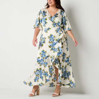 Premier Amour Plus Satin Short Sleeve Floral Maxi Dress