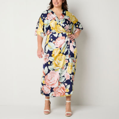 Premier Amour Plus Satin Short Sleeve Floral Midi Wrap Dress