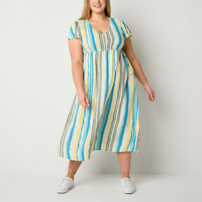 Frye and Co. Plus Short Sleeve Striped Midi Fit + Flare Dress