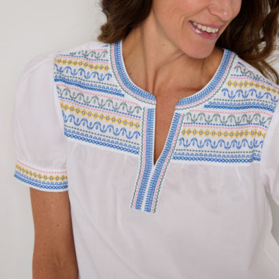 St. John's Bay Womens V Neck Short Sleeve Embroidered Blouse