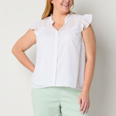 Liz Claiborne Plus Womens Short Sleeve Loose Fit Button-Down Shirt