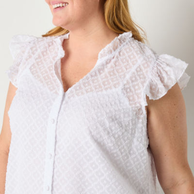 Liz Claiborne Plus Womens Short Sleeve Loose Fit Button-Down Shirt