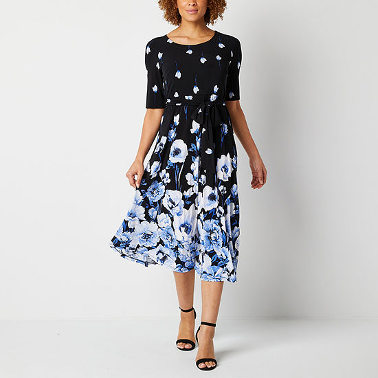 Black Label by Evan-Picone Short Sleeve Floral Midi Fit + Flare Dress ...