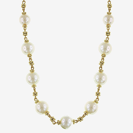 1928 Gold Tone Simulated Pearl 16 Inch Link Strand Necklace, One Size, White