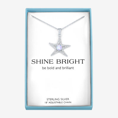 Womens Lab Created White Opal Sterling Silver Star Pendant Necklace