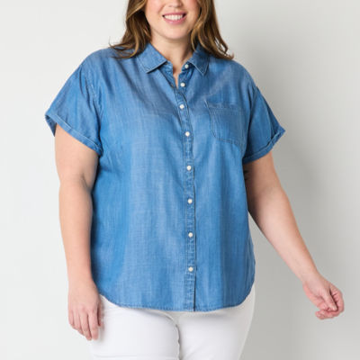 St. John's Bay Plus Womens Short Sleeve Regular Fit Button-Down Shirt