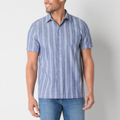 Stafford Mens Regular Fit Short Sleeve Striped Button-Down Shirt