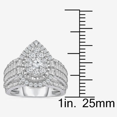 (I / I1) Womens 2 CT. T.W. Lab Grown White Diamond 10K White Gold Pear Side Stone Halo Engagement Ring