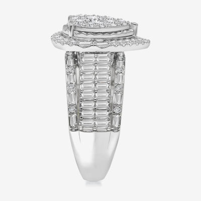 (I / I1) Womens 2 CT. T.W. Lab Grown White Diamond 10K White Gold Pear Side Stone Halo Engagement Ring