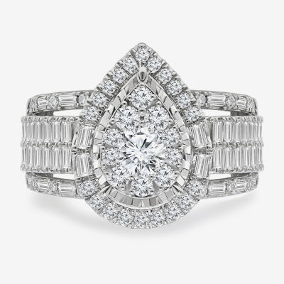 (I / I1) Womens 2 CT. T.W. Lab Grown White Diamond 10K White Gold Pear Side Stone Halo Engagement Ring