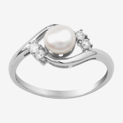 Silver Treasures Cultured Freshwater Pearl Cubic Zirconia Sterling Bypass  Delicate Promise Ring
