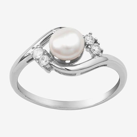 Silver Treasures Cultured Freshwater Pearl Womens White Cubic Zirconia Sterling Silver Delicate Bypass Promise Ring, 8, Multiple Colors