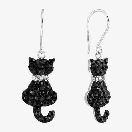 Silver Treasures Cat Womens Black Crystal Sterling Silver Drop Earrings In Transparent