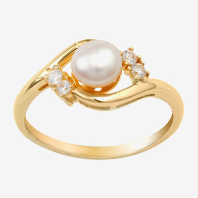 Silver Treasures Cubic Zirconia Cultured Freshwater Pearl 14K Gold Over Promise Ring