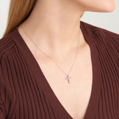 Womens Lab Grown Red Ruby & 1/8 CT. T.W. Lab Grown White Diamond Sterling Silver Cross Pendant Necklace