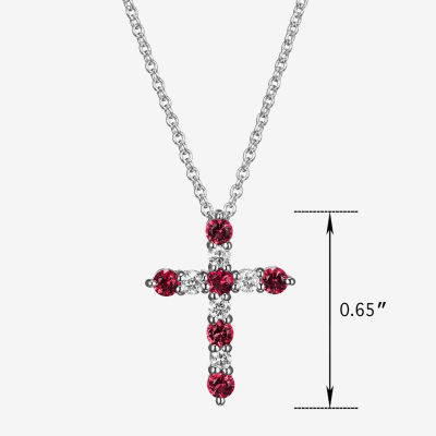 Womens Lab Grown Red Ruby & 1/8 CT. T.W. Lab Grown White Diamond Sterling Silver Cross Pendant Necklace