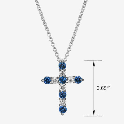 Womens Lab Grown Blue Sapphire & 1/8 CT. T.W. Lab Grown White Diamond Sterling Silver Cross Pendant Necklace