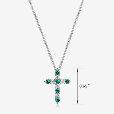 Womens Lab Grown Green Emerald & 1/8 CT. T.W. Lab Grown White Diamond Sterling Silver Cross Pendant Necklace