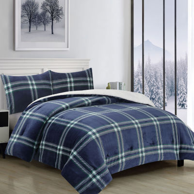 Swift Home 3-Pc Reversible Flannel Plush Plaid & Sherpa 3-pc. Midweight Down Alternative Comforter Set
