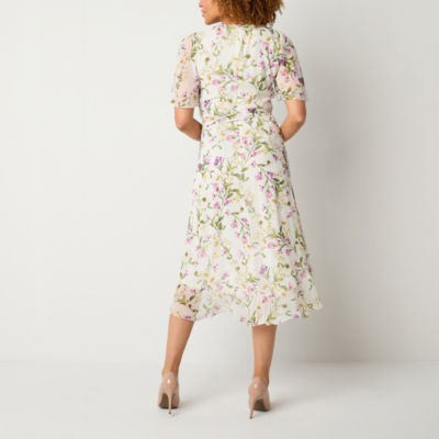 Jessica Howard Womens Short Sleeve Floral Midi Fit + Flare Dress