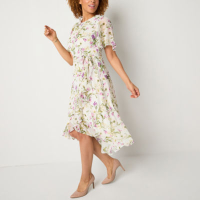 Jessica Howard Womens Short Sleeve Floral Midi Fit + Flare Dress