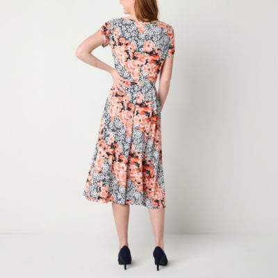 Perceptions Short Sleeve Floral Midi Fit + Flare Dress