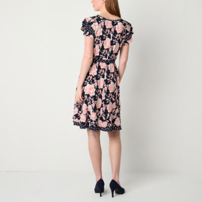 Perceptions Short Sleeve Floral Fit + Flare Dress