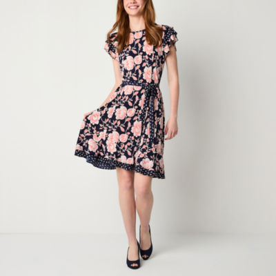 Perceptions Short Sleeve Floral Fit + Flare Dress