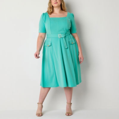 Danny & Nicole Plus Short Sleeve Midi Fit + Flare Dress