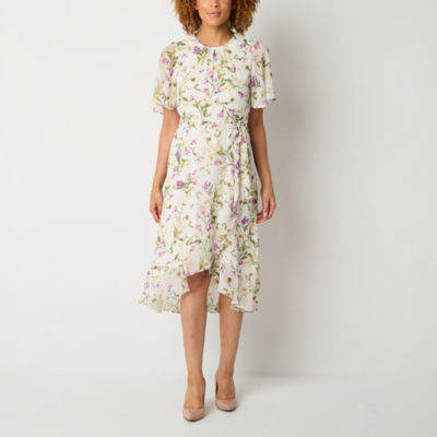 Jessica Howard Petite Short Sleeve Floral Midi Fit + Flare Dress