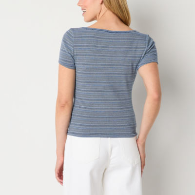 a.n.a Womens Square Neck Short Sleeve Ribbed Henley Shirt