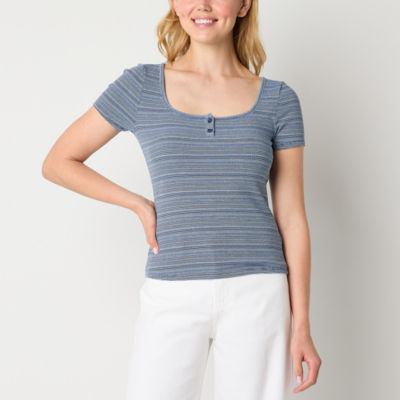 a.n.a Womens Square Neck Short Sleeve Ribbed Henley Shirt