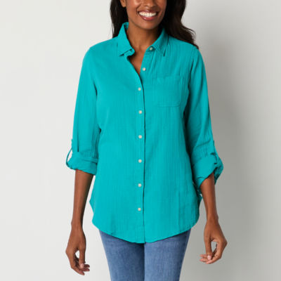 St. John's Bay Womens Long Sleeve Regular Fit Button-Down Shirt