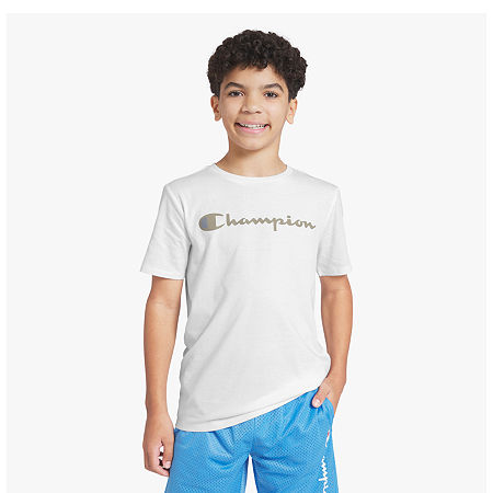 Champion Big Kid Boys Round Neck Short Sleeve Regular Fit Graphic T-Shirt, Medium (10-12), White