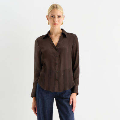 Worthington Womens Cuffed Long Sleeve Fitted Button-Down Shirt