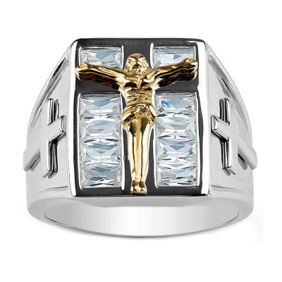 Mens Cubic Zirconia Sterling Silver Cross Fashion Ring