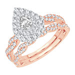 Signature By Modern Bride 1 CT. T.W. Diamond Pear Shape Side Stone Halo Bridal Set in 10K or 14K Rose Gold
