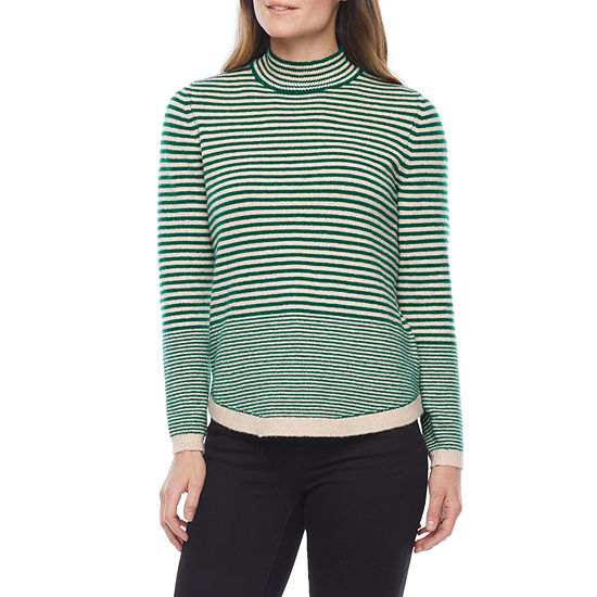 Liz Claiborne Petite Womens Funnel Neck Long Sleeve Striped Pullover Sweater