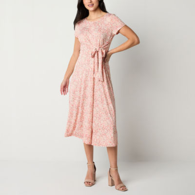 Perceptions Short Sleeve Floral Midi Fit + Flare Dress