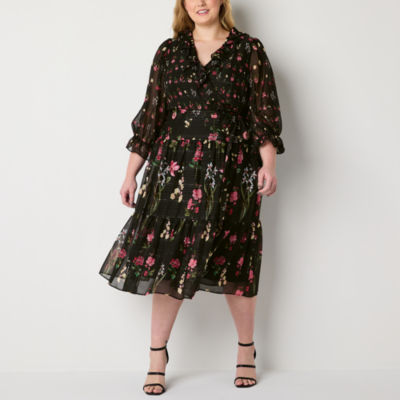 Danny & Nicole Plus 3/4 Sleeve Floral Midi Fit + Flare Dress