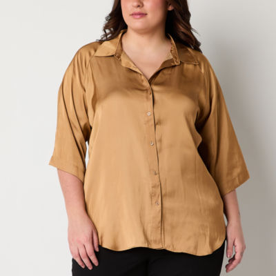 Worthington Plus Womens 3/4 Sleeve Regular Fit Button-Down Shirt