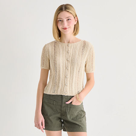 a.n.a Womens Crew Neck Short Sleeve Button Cardigan, Large, Beige